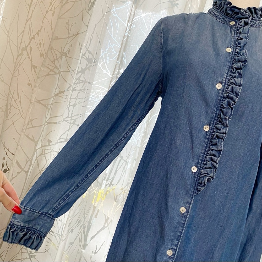 FRAME DENIM BLUE JEAN RUFFLE LONG SLEEVE BUTTON DOWN SHIRT DRESS - Picture 2 of 8